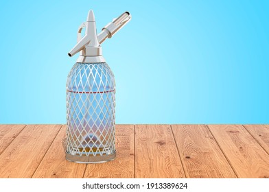 Siphon Seltzer Bottle On The Wooden Planks, 3D Rendering