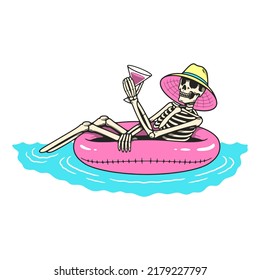 SIPPING ON BOOZE SKELETON FLOATS ON AN INFLATABLE RING COLOR WHITE