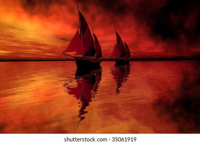 SIREN SONG - Two Sailing Vessels In Full Sail At Sunset.