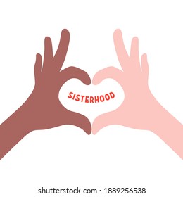 Sisterhood With Two Hands Make Heart. Trend Modern Flat Logo Graphic Art Design Isolated On White Background. Concept Of Love Relationship Or Friendship Sign And Partnership Or Arms Of Lover