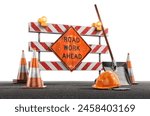 Сonstruction site with a Road Work Ahead sign, traffic cones, hard hat, shovel against a white background. Road safety, construction work, civil infrastructure maintenance engineering projects. 3D