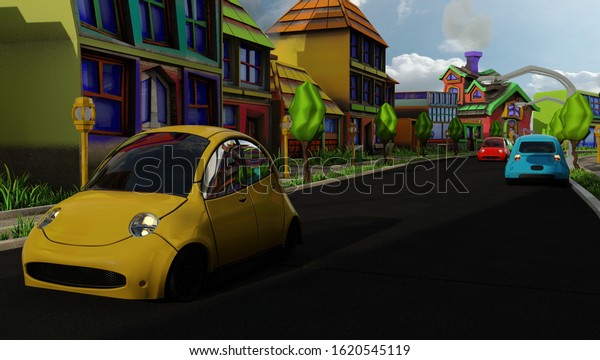 site of the yellow car in\
sunny day on busy street with colorful houses across the street 3d\
render