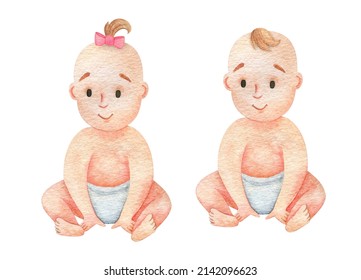 A Sitting Baby In A Diaper. Cute Newborn Boy And Girl Clipart,watercolor Illustration Of A Small Child, Twins, Gender Reveal