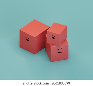 Sitting Boxes With Faces. Isometric Red Color Playground Object For Physical And Mental Development Of Children. Monochrome Single Color, 3d Rendering. No People.