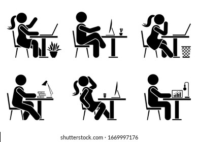 Sitting at desk office stick figure business man and woman side view poses pictogram icon set. Male and female silhouette seated on chair, computer, lamp, laptop sign on white background