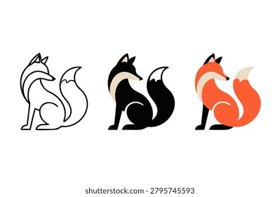 Sitting Fox Icon Set Shown In Three Variations 