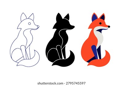 Sitting Fox Icon Set Shown In Three Variations 