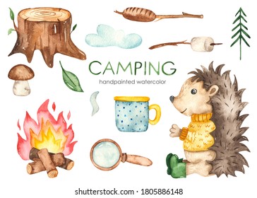 Sitting Hedgehog, Mug, Marmallow On Stick, Bonfire, Tree Stump, Magnifying Glass. Camping Watercolor Clipart