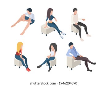 Sitting People. Characters In Couch Armchairs Humans Male And Female Persons In Relax Poses Isometric