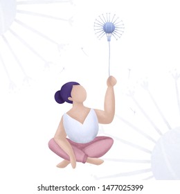 Sitting pretty fat overweight woman with dandelion balloon in casual outfit. Natural beauty, no more diet. Flat female cartoon plus size body character. Self acceptance of your weight. - Powered by Shutterstock