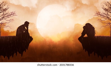 Sitting silhouettes of a man and a woman in the rain, the outlines of lonely people on small islands against the background of a warm sky with fluffy clouds and a bright large moon.