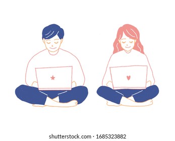 sitting and using laptop pc 