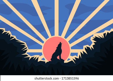 Sitting Wolf Silhouette On A Hill. Cartoon Version, Blue Color Pallet With Red Sun. Poster Illustration