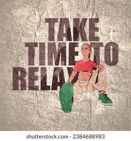 Sitting woman. Sport girl illustration. Young woman wearing workout clothes. Motivation quote on backdrop. Take time to relax - Powered by Shutterstock