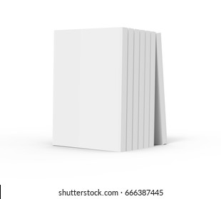 Six 3d Rendering Right Tilt Blank Books Placed Together And A Book Leaning On Them, Isolated White Background, Side View