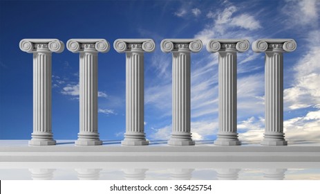 Six Ancient Pillars With Bluet Sky Background.