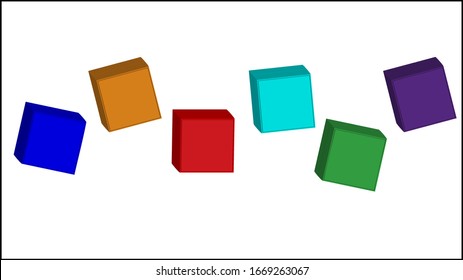 Six Blank 3D Bright Colored Blocks Falling On Soft White Background. Education, Learning, Preschool, Concepts.