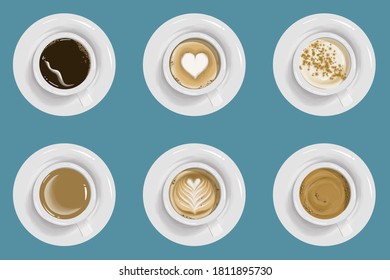 Six coffee types on blue background drawing - Powered by Shutterstock