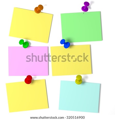Six colored notes with pins on a white background. Rendered illustration.