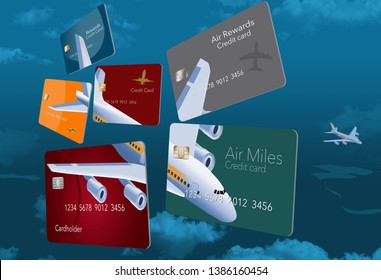 Six Credit Cards That Offer Air Travel Mileage Rewards And Perks Are Decorated With An Image Of An Airplane That Is Seen From Above Flying High In The Sky.