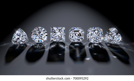 Six diamond of the most popular cutting styles: round brilliant, asscher, princess, heart, cushion, triangle. Close-up view with shadows in  spotlight on black background. 3D rendering illustration 