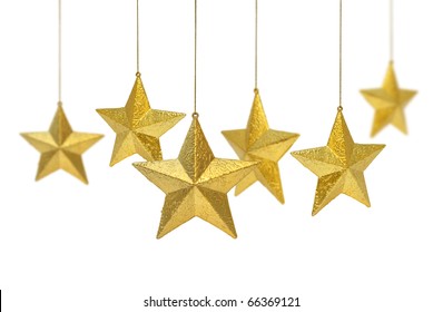 Six Golden Christmas Decoration Stars Hanging Isolated On White Background Six Golden Christmas Decoration Stars Hanging Isolated On White Background