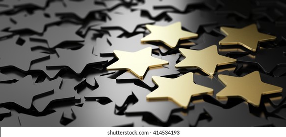 Six Golden Stars Over Black Background. 3D Illustration Of High Quality Customer Service