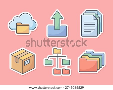 Six icons representing data storage and management on a pink background, including cloud storage, upload, documents, and file organization.