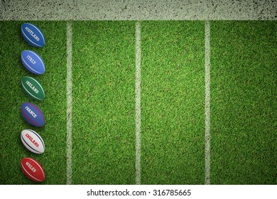 Six Nations Rugby Balls Against Pitch With Lines