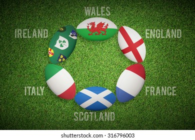 Six Nations Rugby Balls Against Close Up View Of Astro Turf