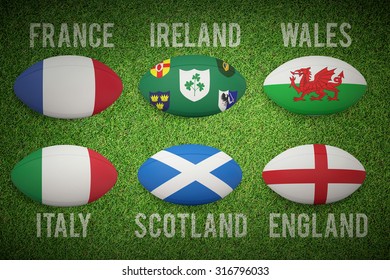 Six Nations Rugby Balls Against Close Up View Of Astro Turf