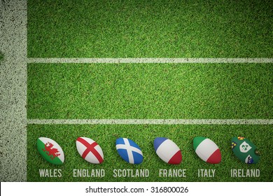 Six Nations Rugby Balls Against Pitch With Lines