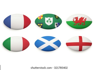 Six Nations Rugby Balls With Nations Flags On Them