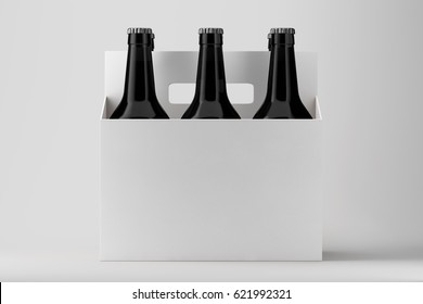 Six Pack Beer With Bottles Mockup On Grey Background. 3d Rendering