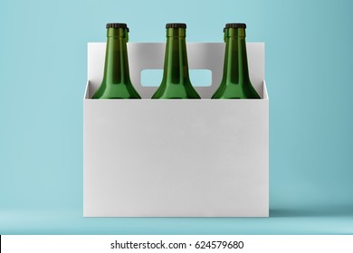 Six Pack Beer With Bottles Mockup On Blue Background. 3d Render