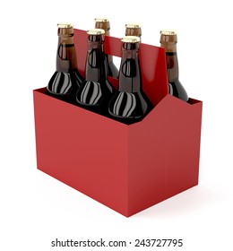 Six Pack Of Dark Beer Bottles On White Background