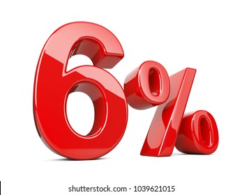 Six red percent symbol. 6% percentage rate. Special offer discount. 3d illustration isolated over white background.