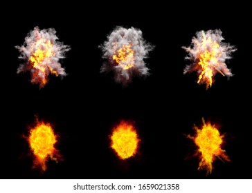 Six Round Explosions Of Missile Interception Blast Or Anti Air Gun Shell Hit Or View From Top On Bang Isolated On Black - 3D Illustration Of Object