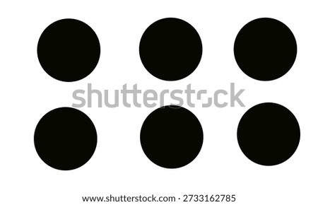 Six Solid Black Circles Set – Minimal Filled Dot Shapes, Simple Round Elements, Balanced Geometric Grid Layout on White