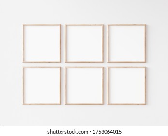 Six Square Thin Wooden Frame On White Wall. 3d Illustration.