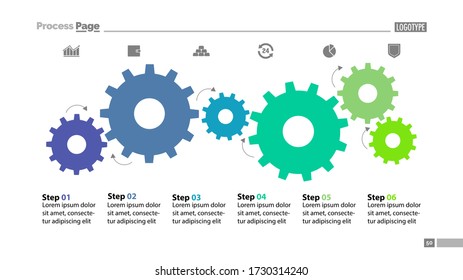 Six Step Process Chart With Cogwheel Design. Element Of Chart, Diagram, Slide Templates. Concept For Inforgraphic, Annual Report, Presentation. Can Be Used For Topics Like Business, Planning, Strategy