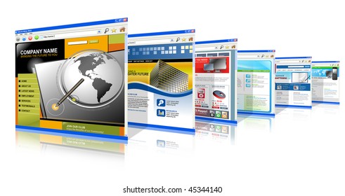 Six technology internet business websites are standing upright. They have a 3-D perspective. Has white isolated background.