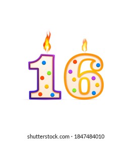 Sixteen years anniversary, 16 number shaped birthday candle with fire isolated on white - Powered by Shutterstock