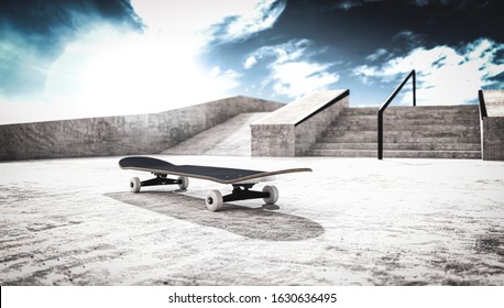 Skateboard Deck On Concrete Skatepark - Sunny Day, 3d Rendering