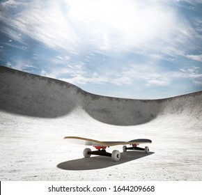 Skateboard In Skatepark Bowl In Sunny Day - 3d Rendering