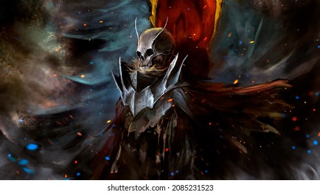 A skeleton in beautiful plate armor and a cloak stands against the background of space . he has a skull with horns and golden sand coming out of his mouth. magic sparks and stars fly nearby.2d art