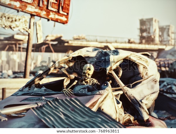 Skeleton in the car .Ruins of a city\
highway. Apocalyptic landscape.3d illustration\
concept
