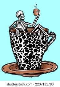 Skeleton Drinking Coffee Water Color 