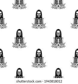 Skeleton Girl On White Background Seamless Pattern