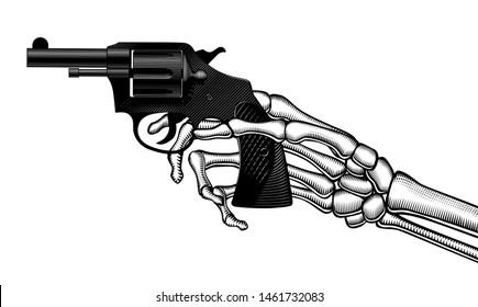 Skeleton Hand Holding A Gun. Vintage Engraving Stylized Drawing